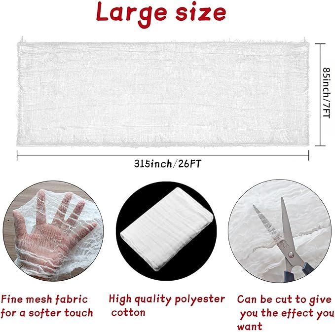 Halloween Creepy Cloth - 1 Pack White- 315x85 Inch Cotton Gauze Fabric - DIY Spooky Decor for Haunted House, Spider Web, Ghost - Indoor Outdoor Halloween Party Decorations