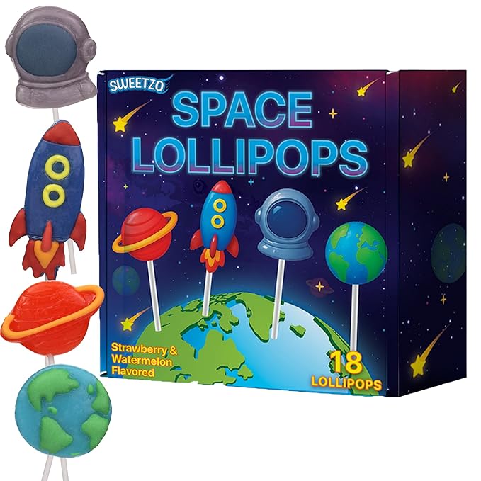 Space Lollipops, Galaxy Themed Birthday Party Treats, Individually Wrapped Candy Rocket, Earth, Saturn & Astronaut Suckers, 18 Pieces