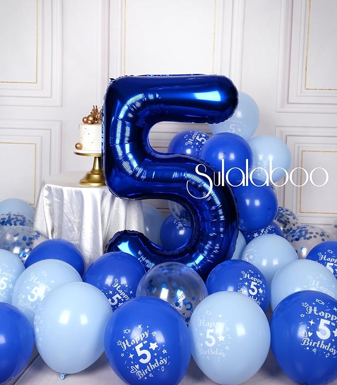 40Inch Navy Blue 5 Balloon Number Large Helium Royal Blue Number Balloons 0-9 Giant Digital 5th Foil Mylar Big Party Balloon for Boy Birthday Party Anniversary Graduation Decorations