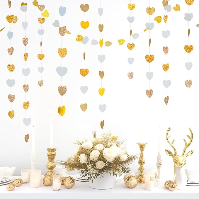 GCQQ White Champagne Gold Heart Garlands - 52Ft Glitter Gold Valentines Day Decorations Garland 4 Packs Paper Heart Hanging Streamers for Bridal Shower Valentine's Day Anniversary Wedding Decor