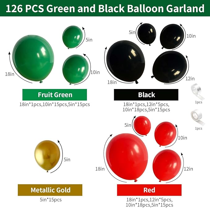 126Pcs Balloon Garland Kit Red Green Black, Different Sizes Red Black Dark Green Balloon Arch Kit Metallic Gold Balloons, Red Black Green Latex Balloons for Birthday Christmas New Year Party Decor