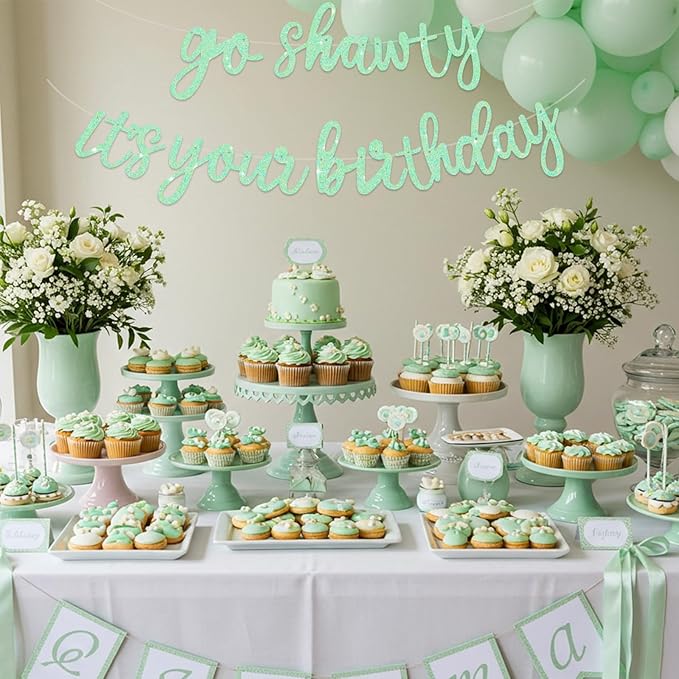 BEISHIDA Go Shawty It's Your Birthday Banner NO DIY Hip Hop Theme Happy Birthday Banner Pre-Strung Rap Theme Happy Birthday Sign for Man Women birthday Party Supply Glitter Light Green