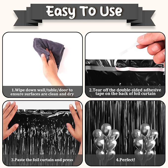 3.3 x 6.6 ft Foil Fringe Backdrop Curtains, Tinsel Streamers Party Decorations, Fringe Backdrop for Birthday, Baby Shower, Gender Reveal, Graduation (9, Black)