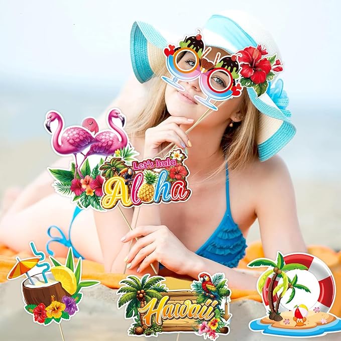 30 Pieces Luau Photo Booth Props Party Decorations Photo Props Hawaiian Themed Party Decorations Tropical Tiki Party Favors for Hawaiian Summer Pool Beach Birthday Wedding Party Supplies (Yellow)