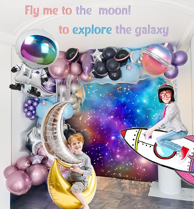 Galaxy Space Balloon Garland Kit 140pcs purple blue black Outer Space Astronaut Moon & Star Diy 4D planet Balloons for girl two the moon birthday decorations Kids Party Supplies