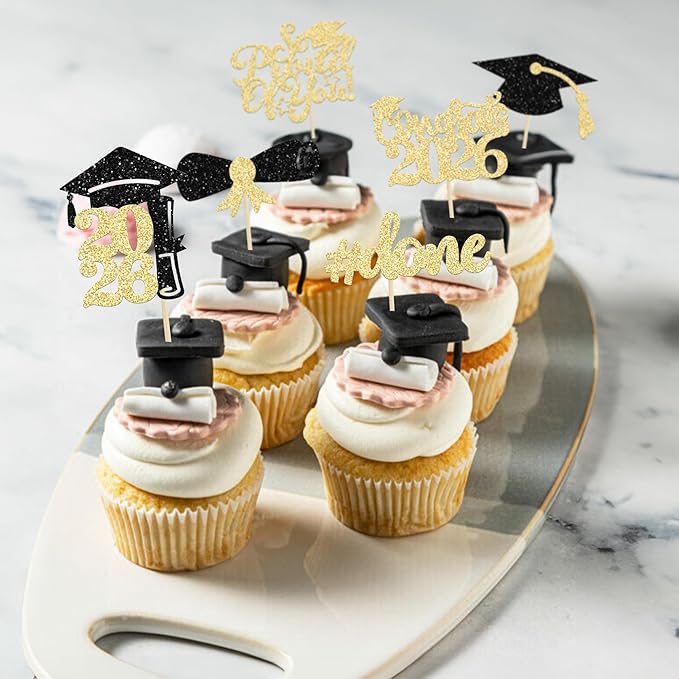 Gyufise 24Pcs Graduation Cupcake Toppers 2026 Gold Glitter Class of 2026 Cupcake Toppers Supplies So Proud of You Grad Cap Diploma Cupcake Picks for Graduation Party Decorations 2026