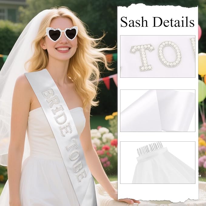 Bride to Be Set: Pearl-Trimmed Heart Sunglasses, Pearl BRIDE Sash & Tulle Veil - Bachelorette Party Bridal Accessories