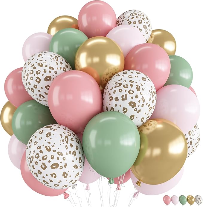 Pink and Green Balloons, Jungle Safari Balloon 12 Inch Leopard Cheetah Print Sage Green Dusty Light Pink Metallic Gold Latex Balloons for Girls Boho Baby Shower Wild One Birthday Party Decorations