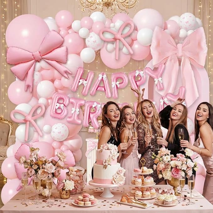 102 PCS Pink Birthday Balloon Decorations Kit, Happy Birthday Banner with Foil Letters, Bow Balloons, Latex Balloons, Ribbon & Glue Dots for Girls Birthday Party Decorations, Baby Shower, Anniversary