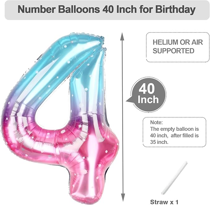 Number 4 Balloon, 40 Inch Large 4 Balloons for Birthday Party Decoration, Pink Blue Purple Number 4 Ballon for 4, 14, 24, 40 Celebration, Birthday, Christmas, Anniversary Decor
