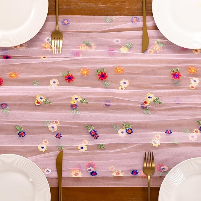 Socomi Embroidery Daisy Spring Easter Floral Wildflower Tulle Gauze CheeseclothTable Runners for Wedding Party Baby Shower Birthday Holiday Picnic Home Decor Pink 3pcs