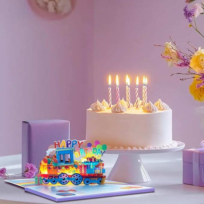 Rainbow Train Music Playing Pop Up Card Happy Birthday Greeting Card with LED Light,3D Birthday Gift for Adults and Kids with Blank Note Card & Envelope, Foldable Celebration Cards