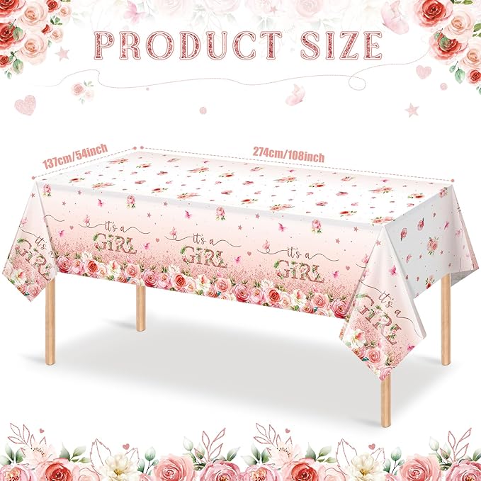 1 Pack Floral Baby Shower Tablecloth Decorations, It's a Girl Baby Shower Decorations, Pink Flower Gender Reveal Decorations for Girl, Plastic Disposable Baby Girls Table Cloth Party Decorations