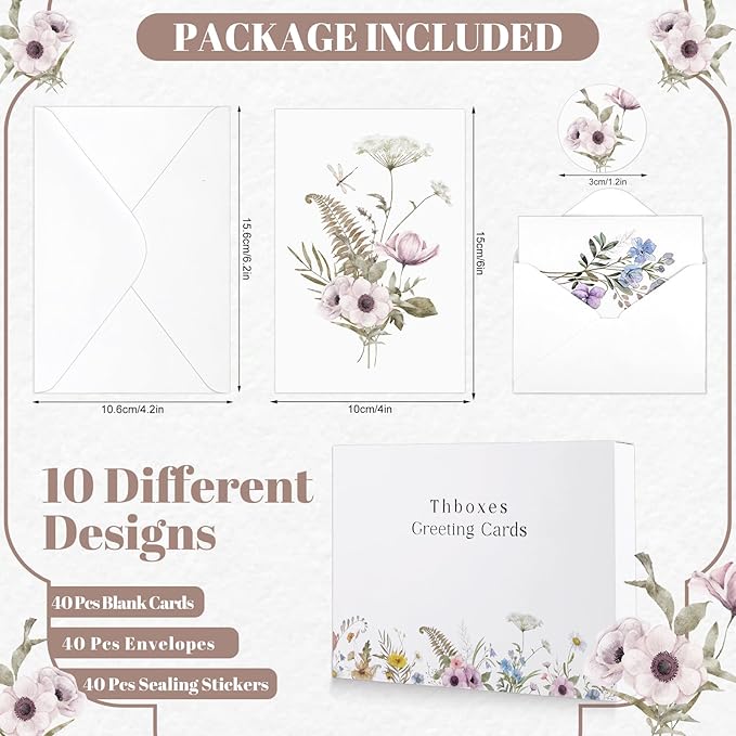 Blank Cards and Envelopes, 40 Pack Blank Note Cards 4x6 in Elegant Floral Greeting Card with Sealing Stickers, Note Card Stationary Set for Birthday, Wedding, Easter All Occasions (10 Designs)