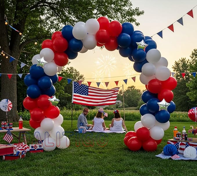 Red White and Blue Balloon Arch Kit with Silver Star – Double-Stuffed Balloons in 5"/12"/18" for 4th of July, Graduation, Patriotic Birthday, Baseball Party Decorations