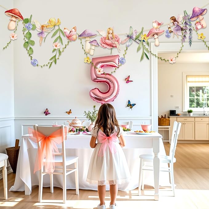 Fairy Party Banner, Fairy First Birthday Party Decorations, Mushroom Flower Banner for Baby Shower Garden First Fairies Tale Theme Girls Birthday Wedding Decor