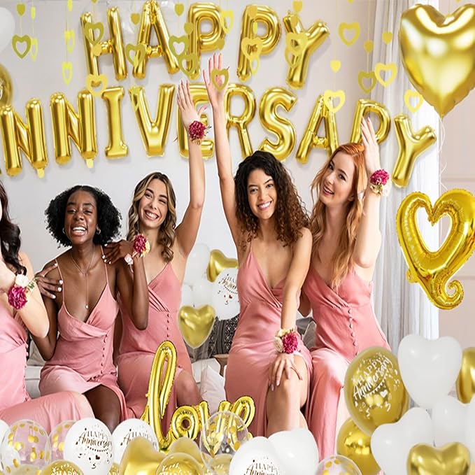 Gold and White Anniversary Party Decorations, Happy Anniversary Banner, Gold and White Heart Balloons, Love Foil Balloon, Heart Hanging String for Valentines Day Birthday Wedding