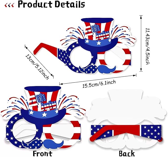 4th of July Party Accessories American Flag Paper Sunglasses, USA Glasses Forth of July Decorations Photobooth Props for Patriotic Party in the USA Favors Decorations 8Pcs