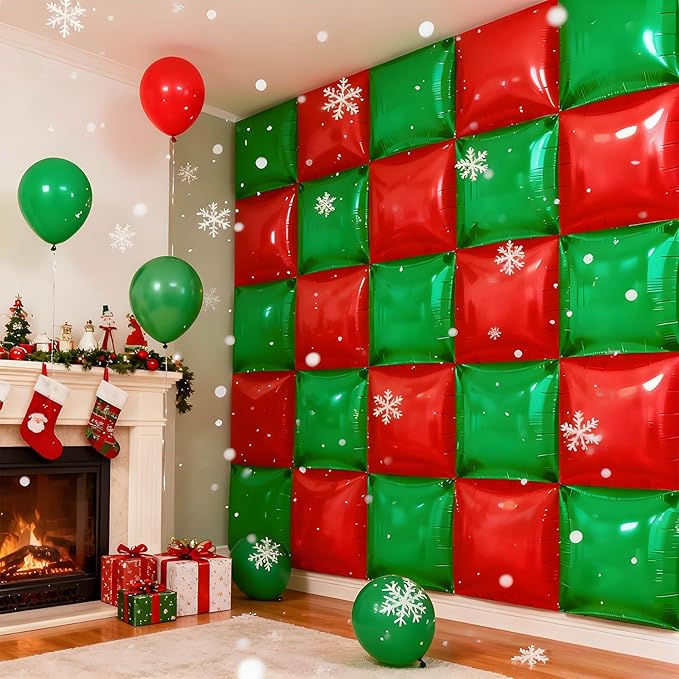 50Pcs Red and Green Square Foil Balloons Wall Backdrop, Double Sided Metallic Foil Balloons Tunnel Arch Garland Kit for Photo Booth Birthday Wedding Halloween Christmas Party Decorations