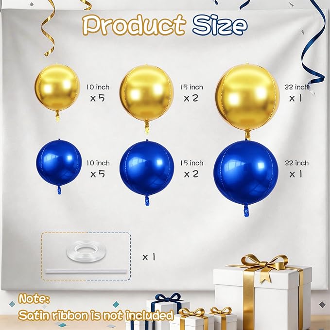 Togvu Navy Gold Round Foil Balloons, 16PCS Different Sizes 4D Metallic Balloon Large Sphere Mirror Ball Balloons for Prom Graduation New Year Men Birthday Party Ceiling Decorations Supplies