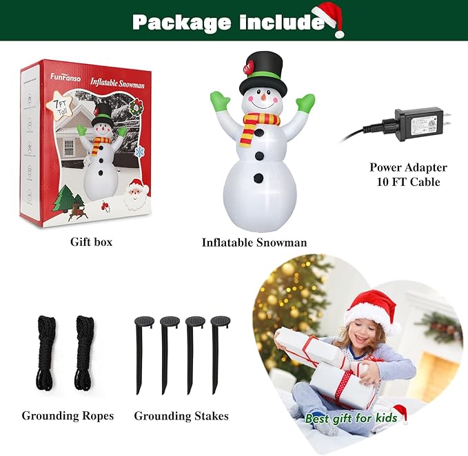 FunFanso 7 FT Christmas Inflatables Snowman Outdoor Decorations, Giant Blow up Snow Man Yard Decor Built-in Bright LED Light Wear Magic Hat, Weatherproof Holiday for Garden Patio Lawn Party Xmas Gifts