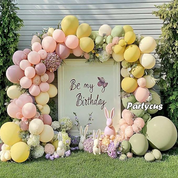 Pink Green Yellow Balloon Arch Double Stuffed, Dusty Green Light Yellow Mauve Ivory Pastel Balloon Garland Kit for Baby Shower Birthday Bridal Wedding Flower Valentine Party Decoration