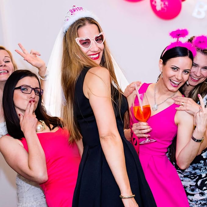 Bride to Be Set: Pearl-Trimmed Heart Sunglasses, Pearl BRIDE Sash & Tulle Veil - Bachelorette Party Bridal Accessories