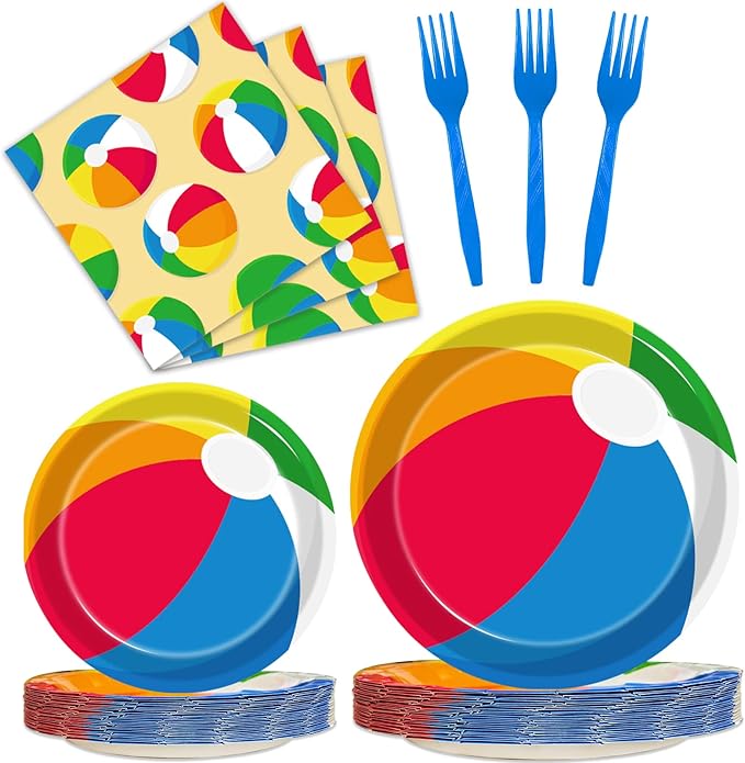 96 Pcs Summer Pool Beach Party Paper Plates Napkins, Beach Pool Ball Party Decorations Supplies Disposable Dinnerware Tableware for Kids, Serves 24