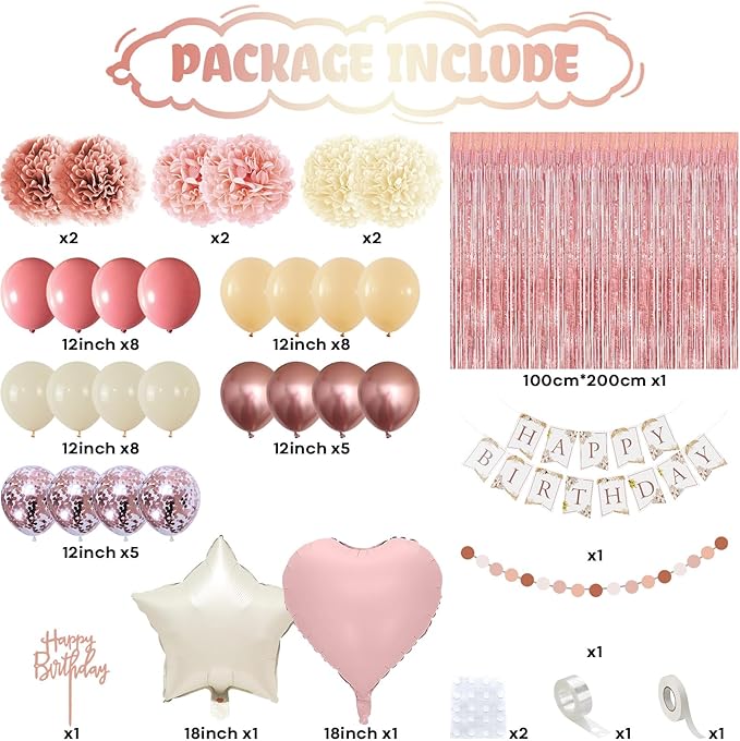 Pink Birthday Decorations for Women, Boho Dusty Pink Rose Gold Blush Beige Latex Balloons Happy Birthday Banner Foil Fringe Curtain Tissue Paper Pompom for Woman Girls Party Decoration Supplies