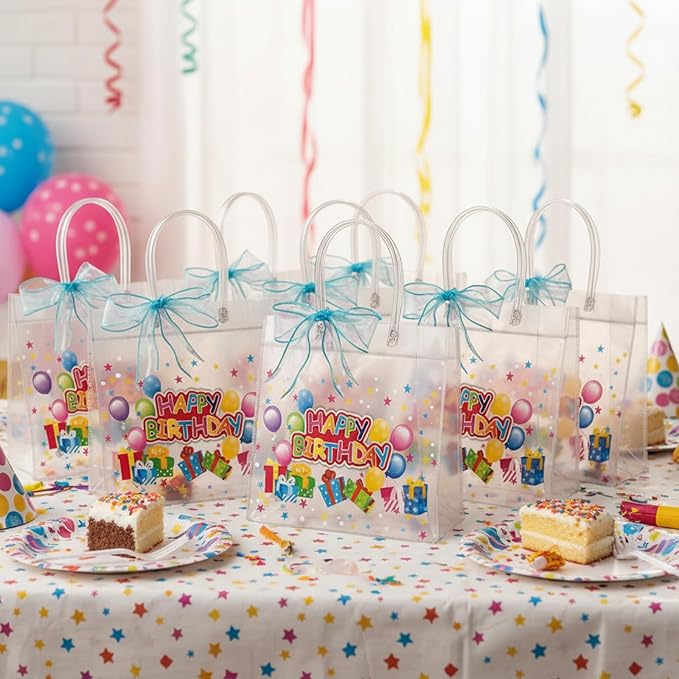 Henoyso 24 Pcs Clear Happy Birthday Gift Bags Plastic Goodie Candy Treat Bags PVC Party Favor Totes with Handles 7.8 x 7.8 x 3.1 Gift Wrap Totes