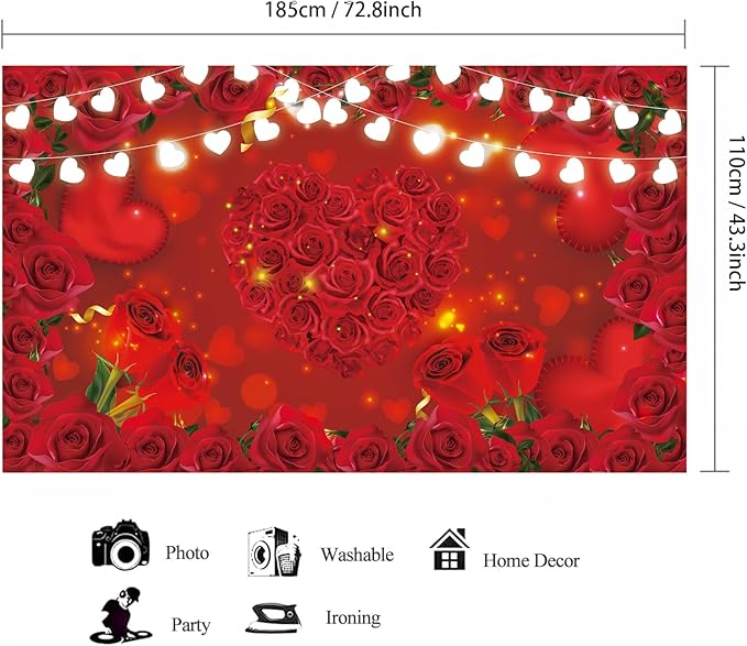 Red Rose Flowers Backdrop Floral Heart Light Photography Background Hanging Banner Decoration for Wedding Anniversary Mother's Birthday Party Supplies 72.8 * 43.3in