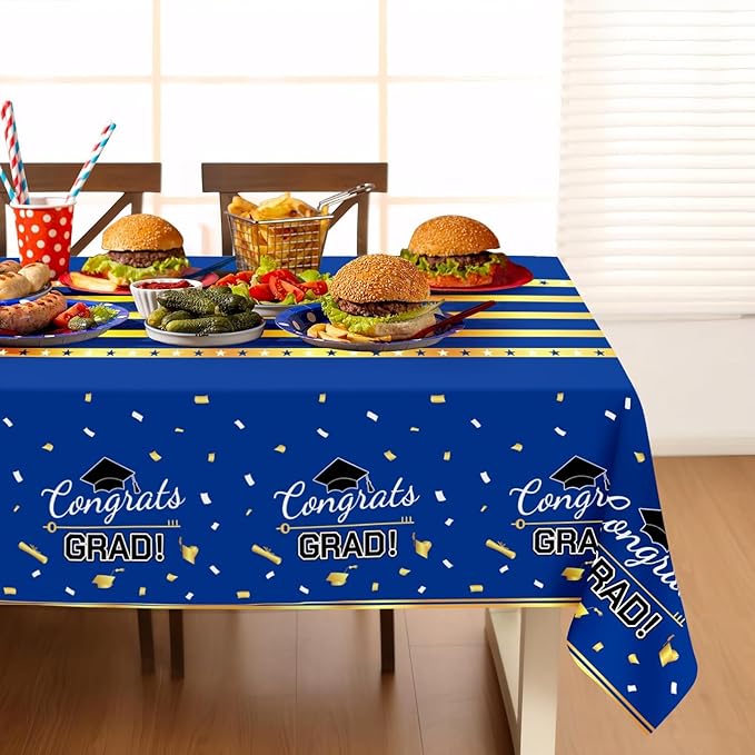 Childom 3 Pack Graduation Tablecloth,Graduation Decorations Class of 2026 Graduation Party Decorations,54"x108" Blue and Gold Plastic Table Cloth Disposable Rectangle for Home,School,Party Supplies