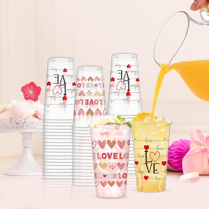 50pcs 16oz Valentine's Day Disposable Cups, Wedding Disposable Clear Plastic Cups for Wedding Anniversary Party Decorations, Suitable for Iced Coffee, Hot Cocoa, Chocolate, Valentine's Day Love Theme