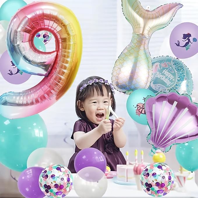 Mermaid Birthday Decorations Mermaid Balloons - Number 9 Balloons for Girls Under The Sea Mermaid Theme Baby Shower Birthday Favors