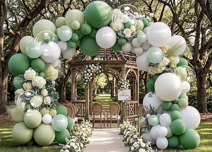Green White Balloons Double Stuffed Dusty Green Bobo Pearl Balloon Arch Kit Latex Light Olive White Balloon Garland for Bridal Shower Birthday Baby Shower Wedding Anniversary Baptism Decor