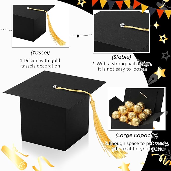 TaoBary 12 Pieces Graduation Candy Box Graduation Decorations Party Gift Boxes Graduate Cap Box Candy Chocolate Cookie Supplies for Ceremony Party(Black)