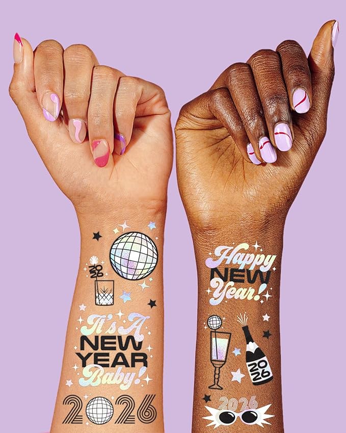 xo, Fetti New Years Eve Party Supplies Tattoos - 42 Foil Styles | Disco NYE Party Favors, Happy New Year Decorations, NYE 2026 Decor