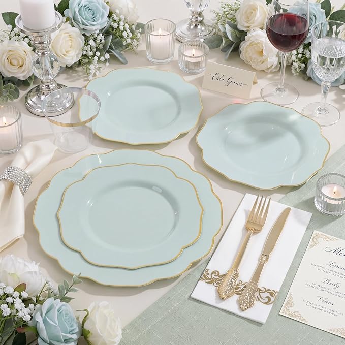 NOCCUR 175PCS Sage Green Plastic Plates with Gold Disposable Silverware - Include 50 Green and Gold Plastic Plates,25 Knives,25 Forks,25 Spoons,25 Cups and 25 Napkins - Easter Day/Spring Party