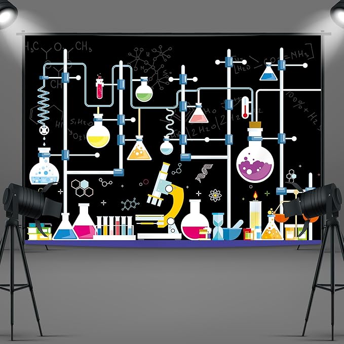 Imirell Chemical Science Birthday Backdrop 7Wx5H Feet Experiments for Kids Boys Chemistry Lab Mad Scientist Research Polyester Fabric Cool Photography Backgrounds Photo Shoot Decor Props Decoration