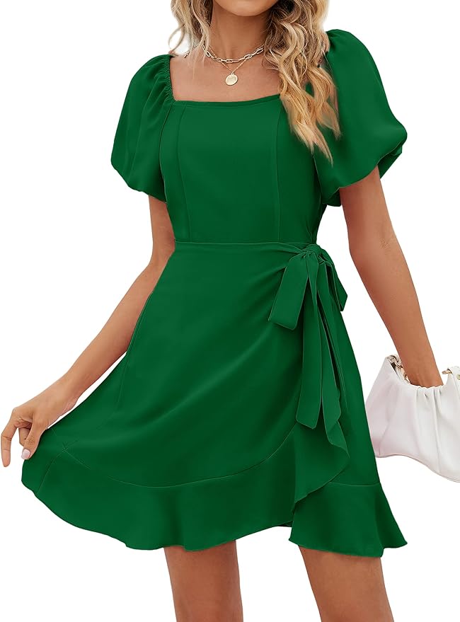 Sampeel Womens Summer Dresses Square Neck Puff Sleeve Tie Waist Short Dress