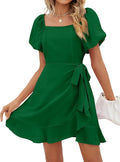Sampeel Womens Summer Dresses Square Neck Puff Sleeve Tie Waist Short Dress