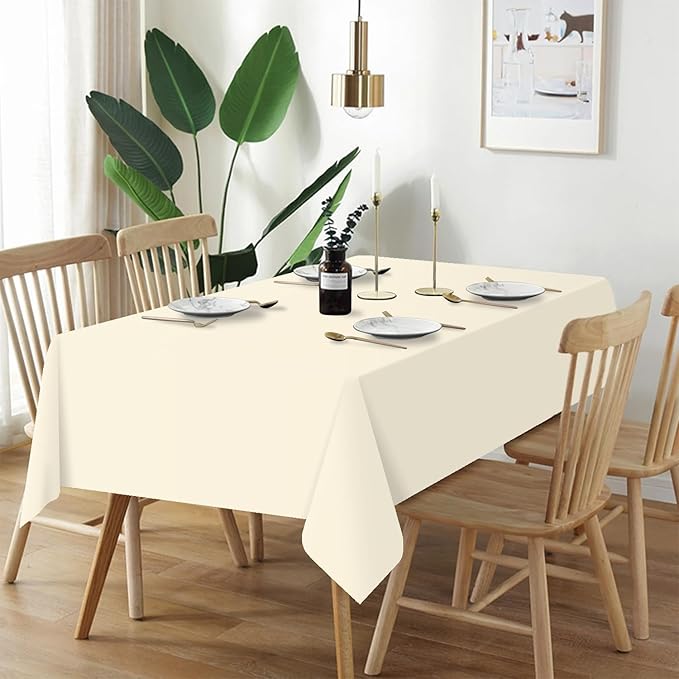 QIKSION Ivory Plastic Table Cloth Disposable 2 Pack, 54 x 108 Inch Beige Tablecloths for Party, Baby Shower, Harvest, Fall, Thanksgiving Decorations, Cream Rectangle Table Cover
