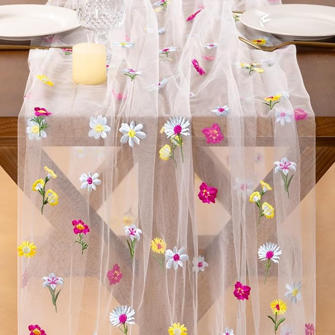 Socomi Floral Table Runner Spring Wildflower Gauze Tulle Cheesecloth Embroidery Sheer Table Runners for Wedding Party Baby Shower Birthday Holiday Picnic Home Decor 3pcs