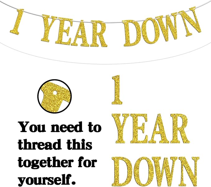 1 Year Down Forever to Go Banner, 1 Year of Marriage Gift, Happy 1st Wedding Anniversary Party Decoration Supplies, Gold Glitter