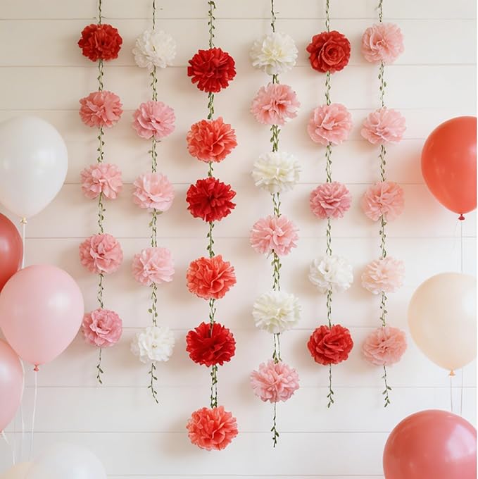 XIANNVXI Pink Tissue Paper Pom Pom Garlands Artificial Flowers Hanging Decorations 8.2ft Hanging Flowers Garland for Wedding Birthday Bridal Shower Party Spring Decorations 2PCS（Rose Pink Gradient）