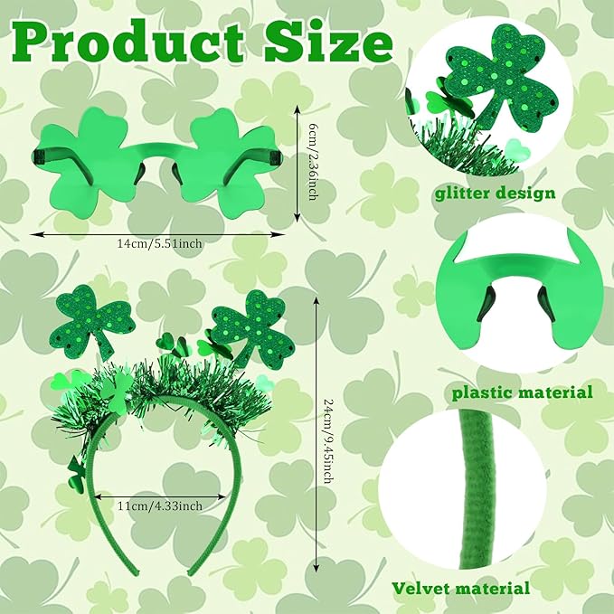 Semato St. Patrick’s Day Headband with Green Clover Sunglasses for St. Patrick’s Day Accessories Shamrock Irish Carnival Party Favors