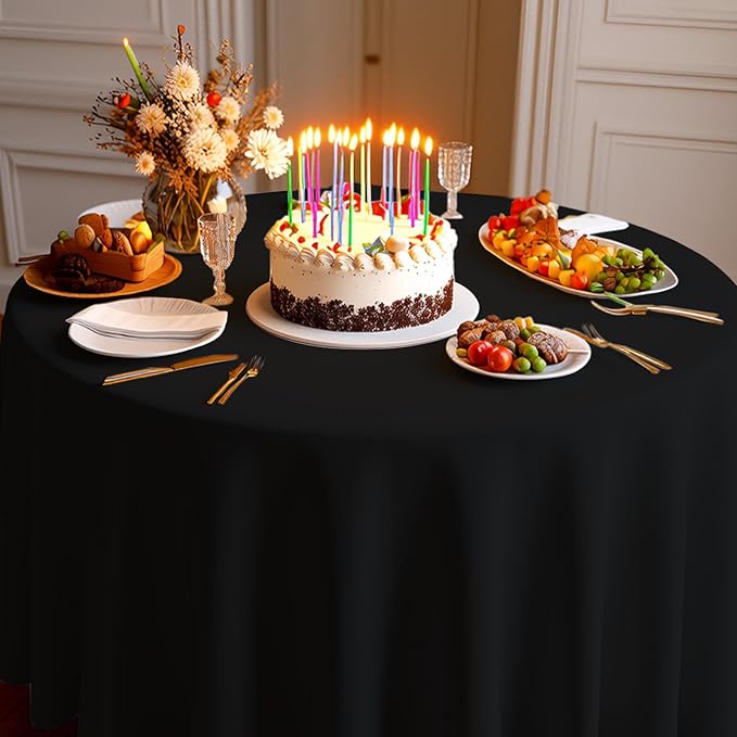 12 Pack Premium Black Plastic Table Cloth -96 Inch Round Tablecloth, Disposable Tablecloth Plastic Table Cover for Parties (12, Black, 96" Round)