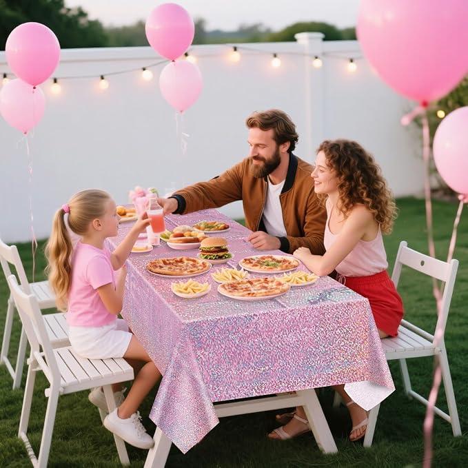 4Pcs Pink Holographic Tablecloths Rectangular Pink Iridescent Tablecloth Shimmer Metallic Table Covers for Girls Princess Wedding Witch Theme Birthday Party Decorations, 54x108Inch