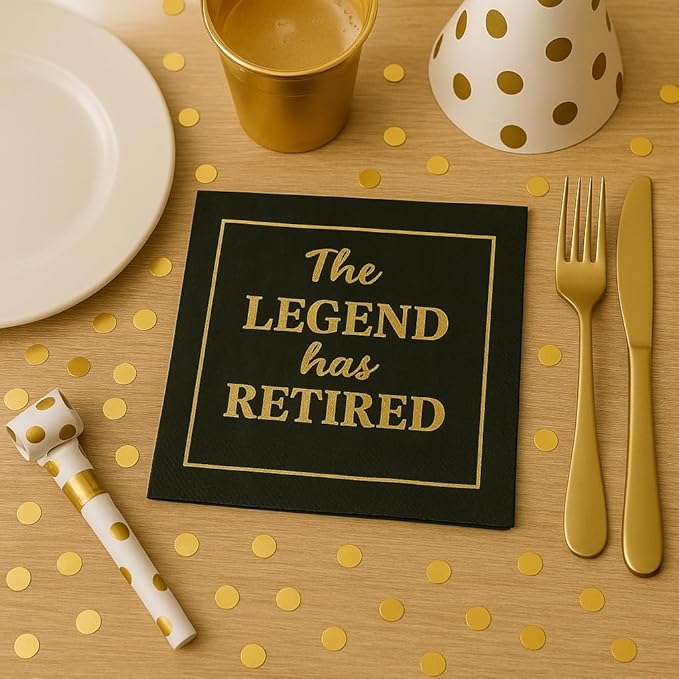 50‑Pack ‘The Legend Has Retired’ Black & Gold Napkins – 2‑Ply Cocktail, Lunch & Dinner Party Napkins – Elegant, Disposable Retirement Party Decoration – 6.5″ x 6.5″ Folded (Large, 50, Pack)