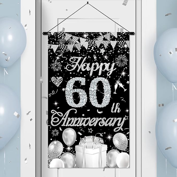 60th Anniversary Decorations Small Banner Black Silver Happy 60th Anniversary Door Hanging Banner Porch Front Door Decor for Women Men 60 Years Diamond Wedding Anniversaries Cruise Door Sign Supplies